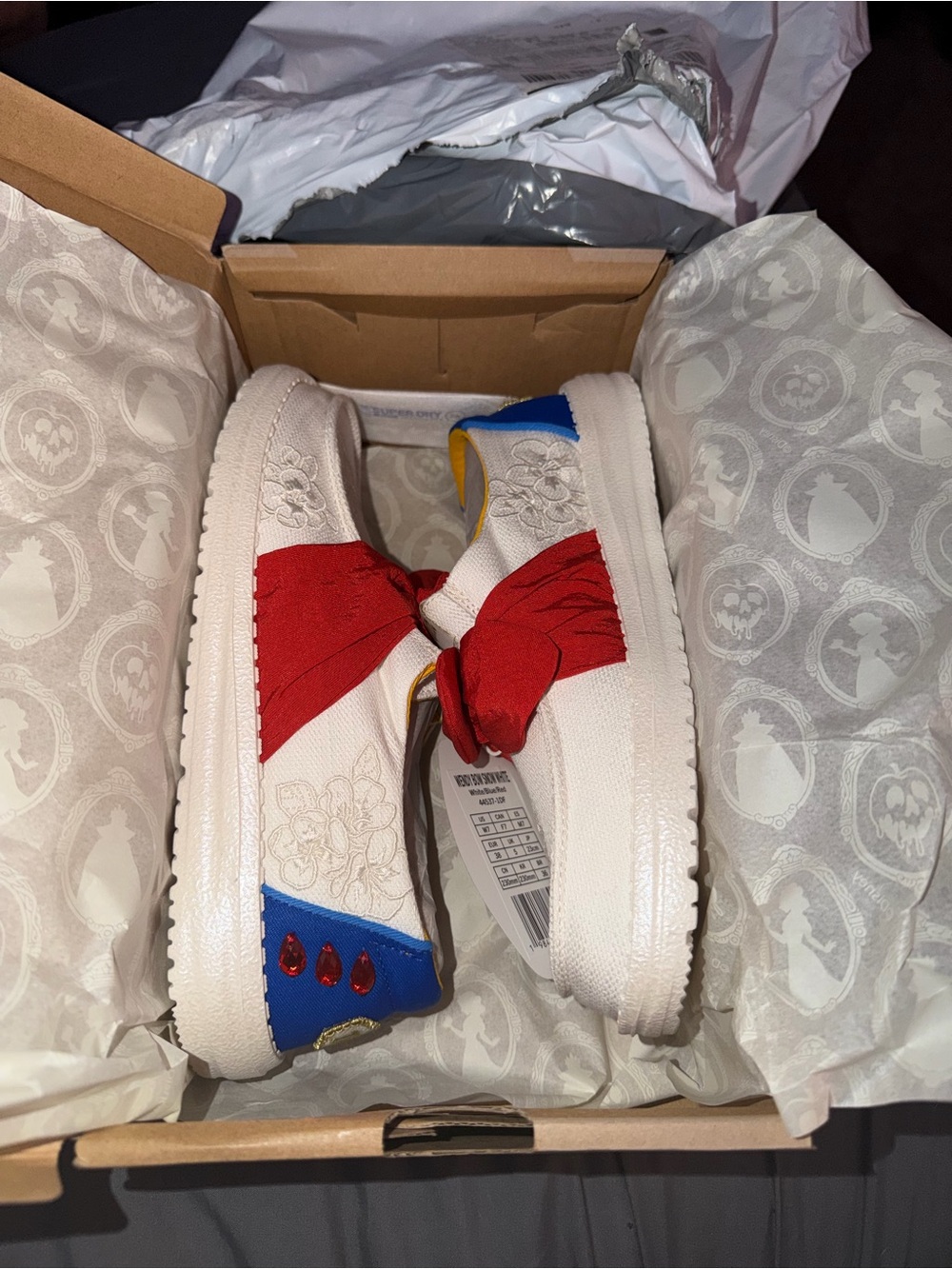 Hey Dude White Sneakers with Red Bow and Blue Accents